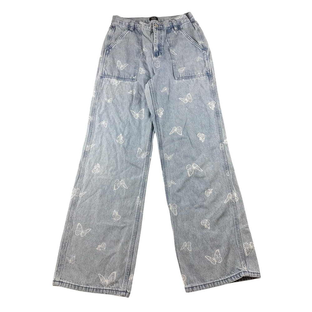 Simple Society Jeans Women Blue Relaxed Denim Wide Leg Butterfly Nostalgia Pop